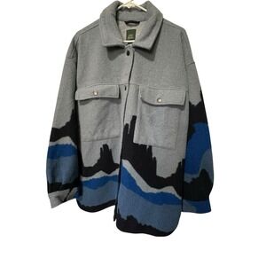 Wild Fable XL Fleece Shacket Gray Blue Abstract Landscape Overshirt Jacket Women
